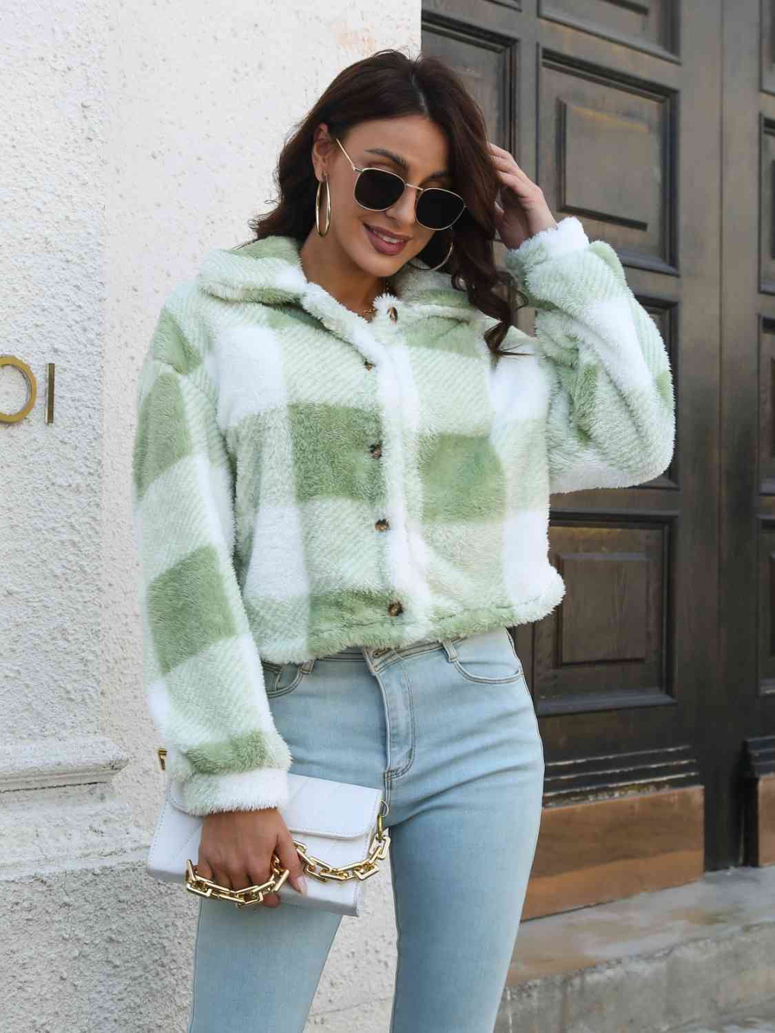 Plaid Dropped Shoulder Buttoned Jacket