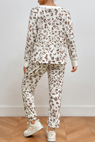 Leopard V-Neck Top and Pants Lounge Set