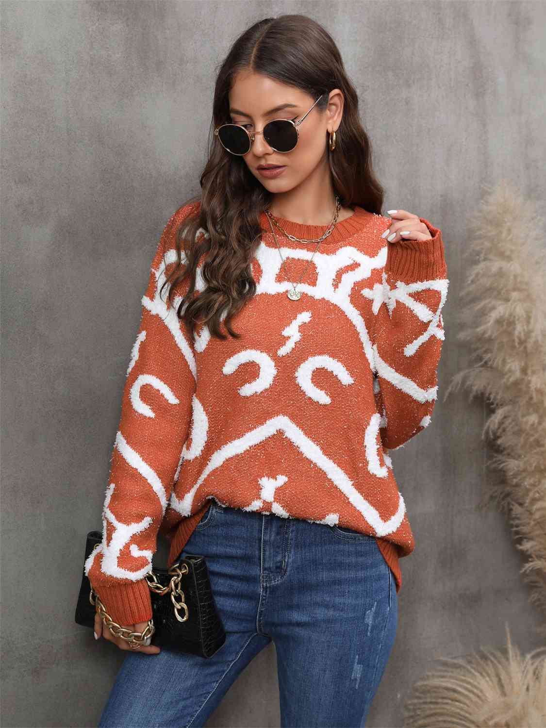 Printed Round Neck Long Sleeve Sweater