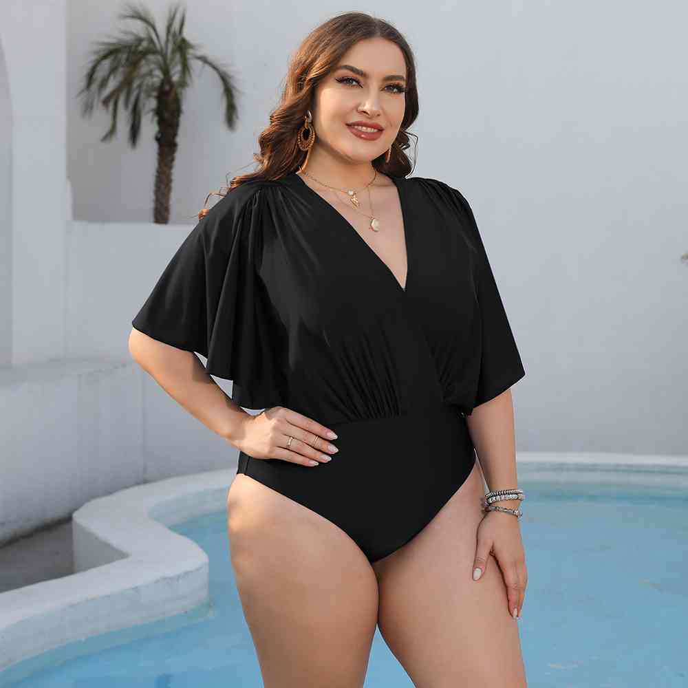 Plus Size Ruched Surplice Neck One-Piece Swimsuit